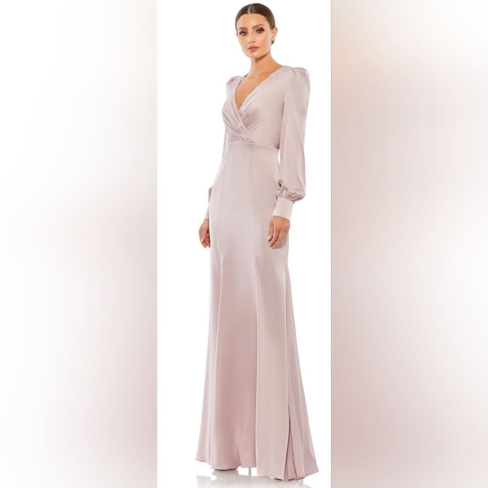 Mac Duggal SATIN RUCHED BISHOP SLEEVE GOWN NWT size 14 Rose Pink (55635)